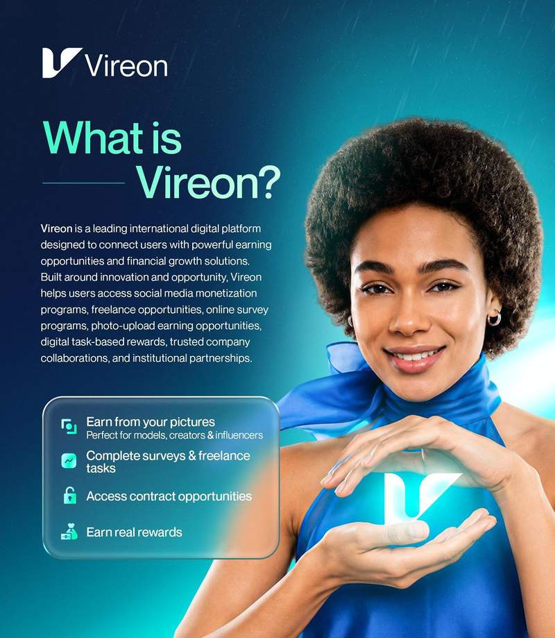 Vireon user holding the glowing Vireon V logo, representing the Vireon earning platform