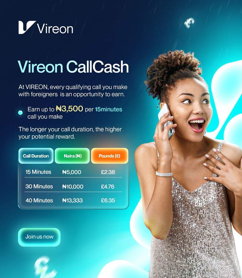Woman on a qualifying Vireon CallCash voice call earning Naira and Pounds rewards