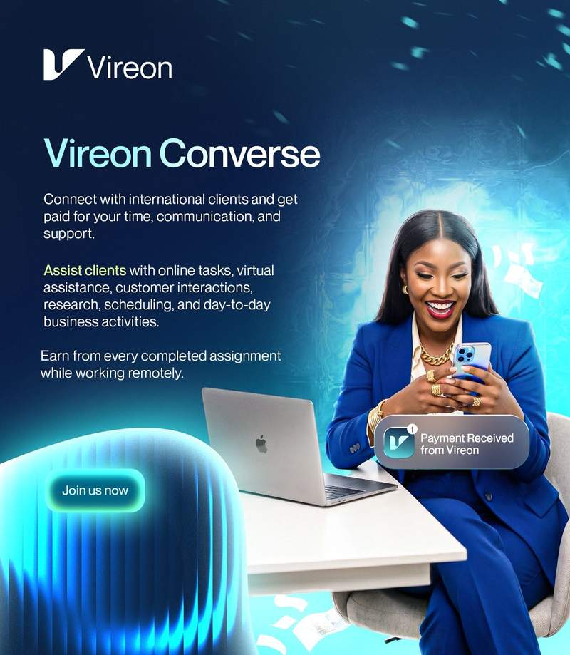 Woman using Vireon Converse to chat with international clients and receive payment notifications