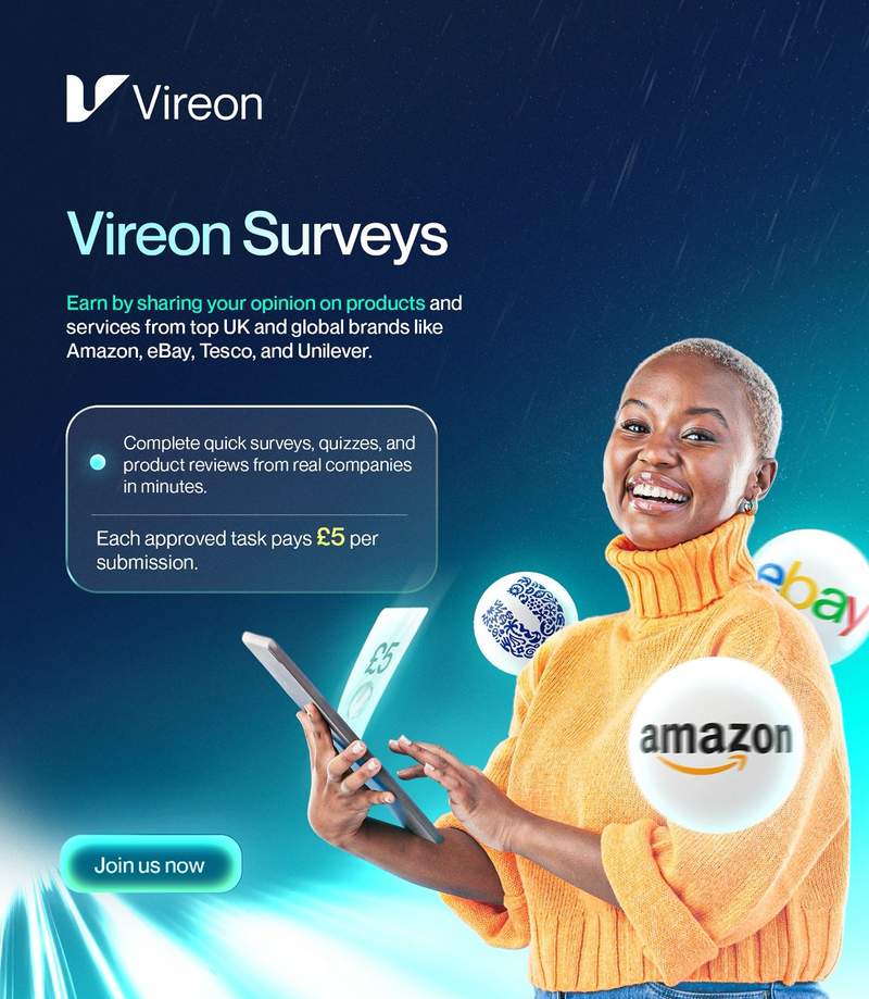 Woman completing a Vireon Survey on a tablet and earning &pound;5 per submission from brands like Amazon and eBay