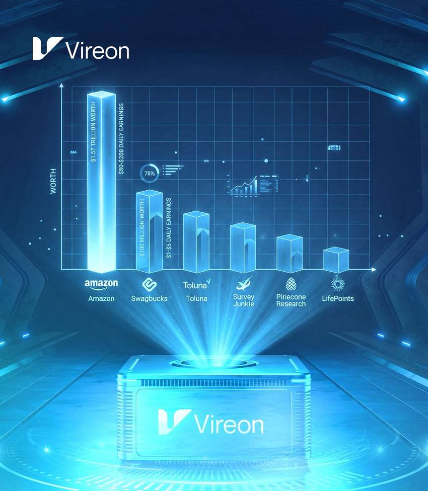 Chart comparing Vireon earning potential against Amazon, Swagbucks, Toluna, Survey Junkie, Pinecone Research and LifePoints
